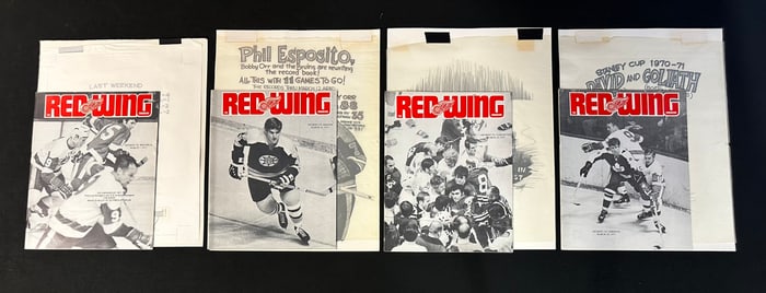 4 Red Wing Magazines w/ Original Jim Mackey Cartoon Sketch Mar 7-28 1970-1971 Season