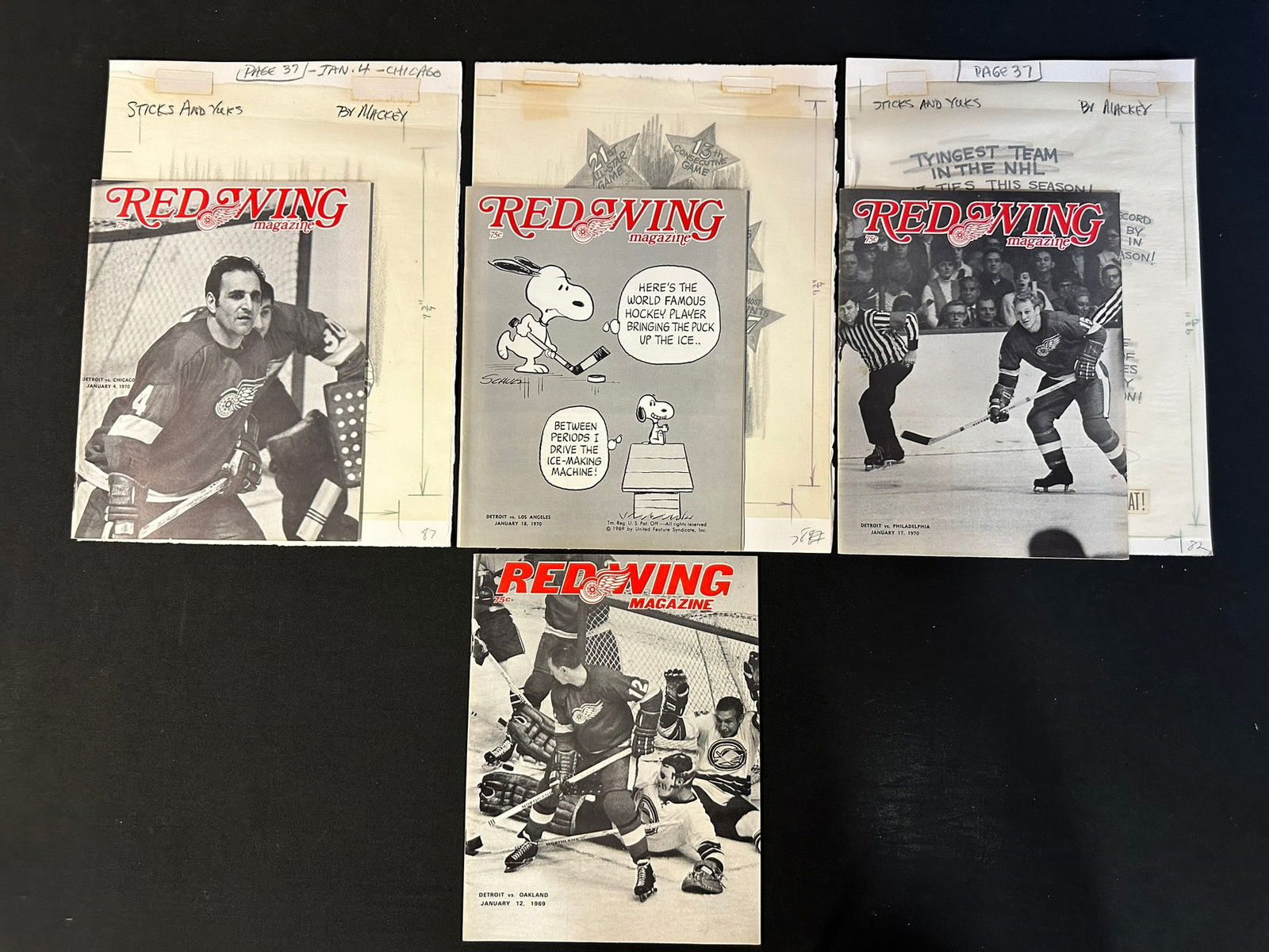 4 Red Wing Magazines w/ All 4 Original Jim Mackey Cartoon Sketch Jan 4-18 1969-1970 Season (1 of 4)
