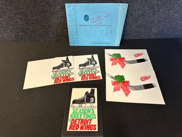 Lot 5 Original 1965 Detroit Red Wings Christmas Card & Gordie Howe Skate Artwork