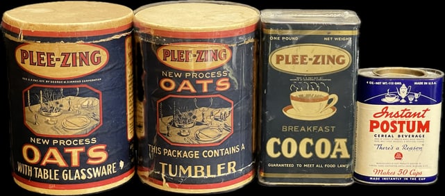 Lot 4 Original Plee-Zing Product Cans: Tin Coca, 2 Cardstock Oats & Instant Postum