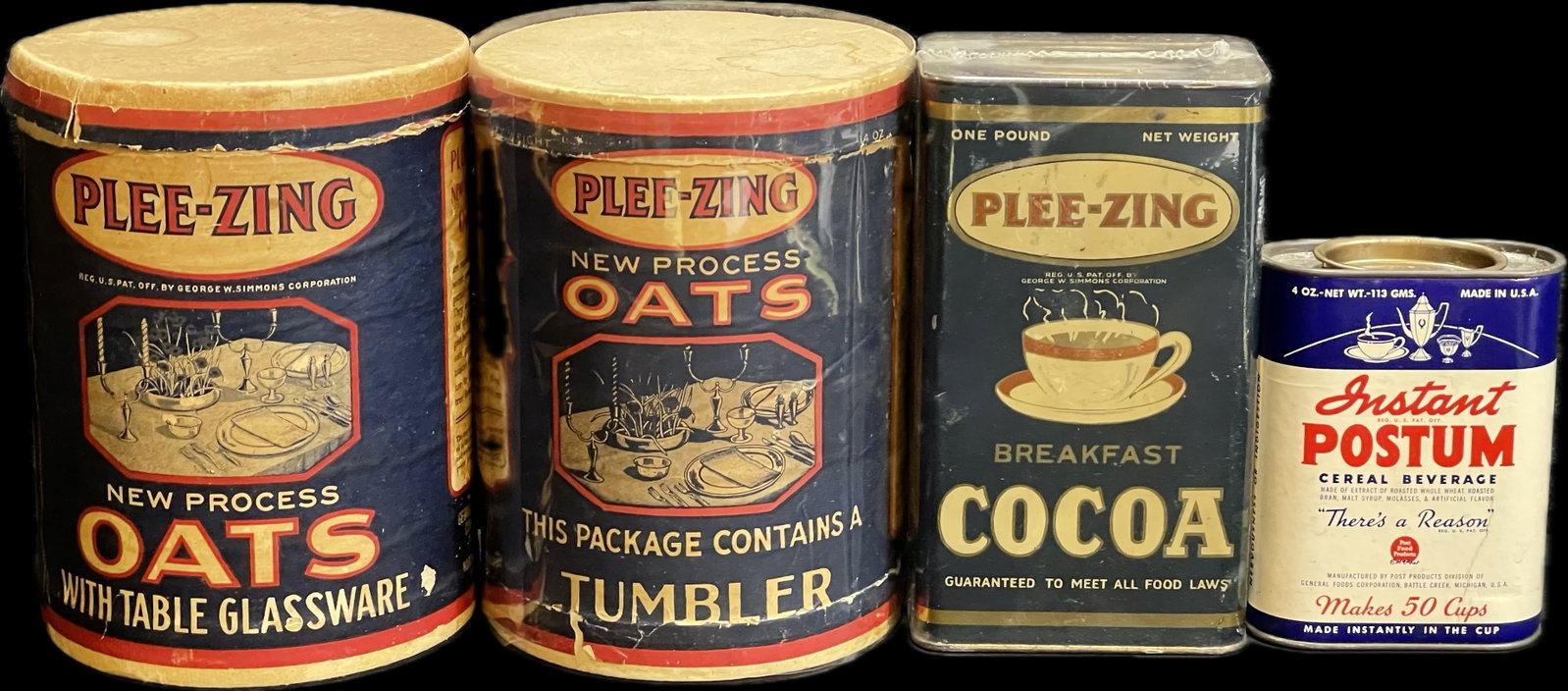 Lot 4 Original Plee-Zing Product Cans: Tin Coca, 2 Cardstock Oats & Instant Postum: Great lot of Plee-Zing items. See all other lots.