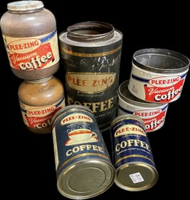 Lot 7 Original Plee-Zing Product Cans: 1/2, (3) 1 & 3 Lb Tin Coffee &  2 Glass 1 Lb