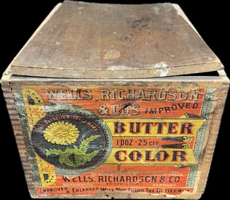 Wells, Richardson & Co's Improved Butter Color Wooden Shipping Box w/ Paper Label