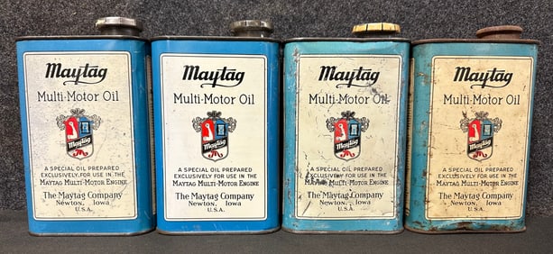 Lot 4 Maytag Multi Motor Oil 1 Quart Tin Metal Advertising Can