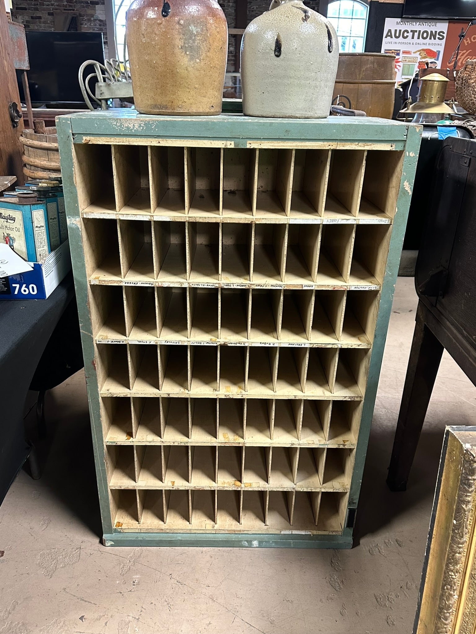 Great Original Teal Painted Wooden United States Postal Service 63 Slot Mailbox (1 of 6)
