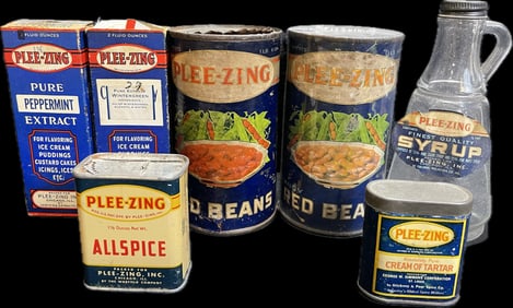 Lot 7 Original Plee-Zing Product Cans: Variety Of Glass & Tin Cans Bottles