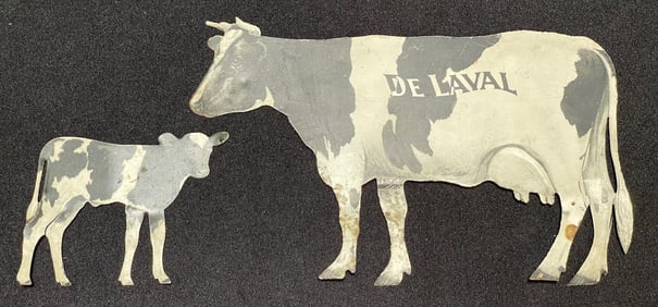 Pair Original Holstein Souvenir Cow & Calf Delaval Tin Advertising Signs