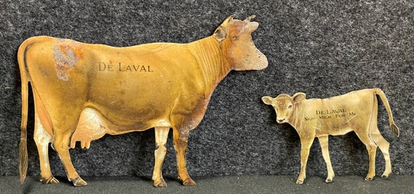Pair Original Jersey Souvenir Cow & Calf Delaval Tin Advertising Signs