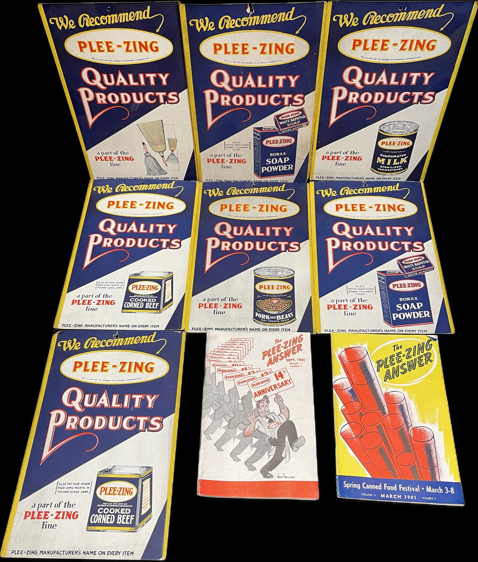 Lot 9 Original Ca. 30s Plee-Zing Cardboard Fan Pull Advertising Signs (1 of 13)