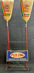Plee-Zing Guaranteed Brooms 30s Wire Rack Store Display w/ Tin Sign & 2 NOS Chickasaw Brooms