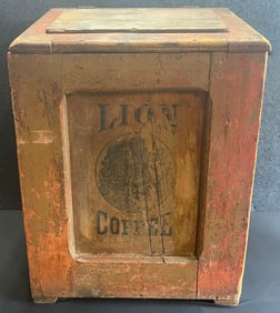 Wonderful Early 20th Century Lion Coffee Advertising Wooden Bin
