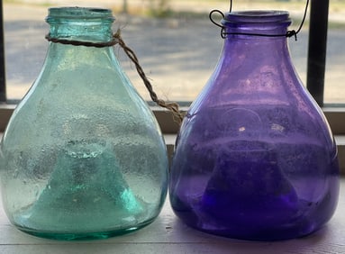 Pair Aqua & Amethyst Early 1900s Glass Fly Bug Hanging Trap