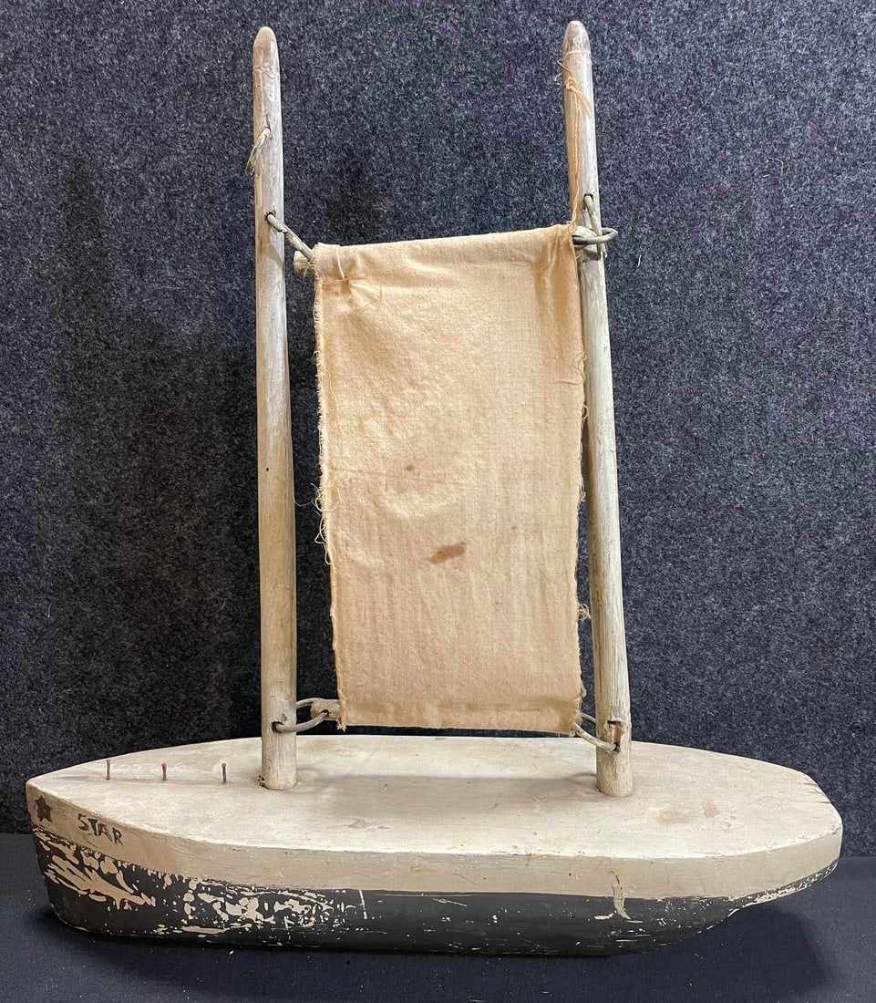 Antique Early 1900s Wooden Star Marked Pond Boat w/ Canvas Mast (1 of 11)