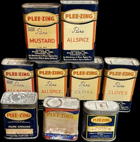 Lot 9 Original Ca. 30s Plee-Zing Spice Tins 8 Tin Litho & 1 Paper Label