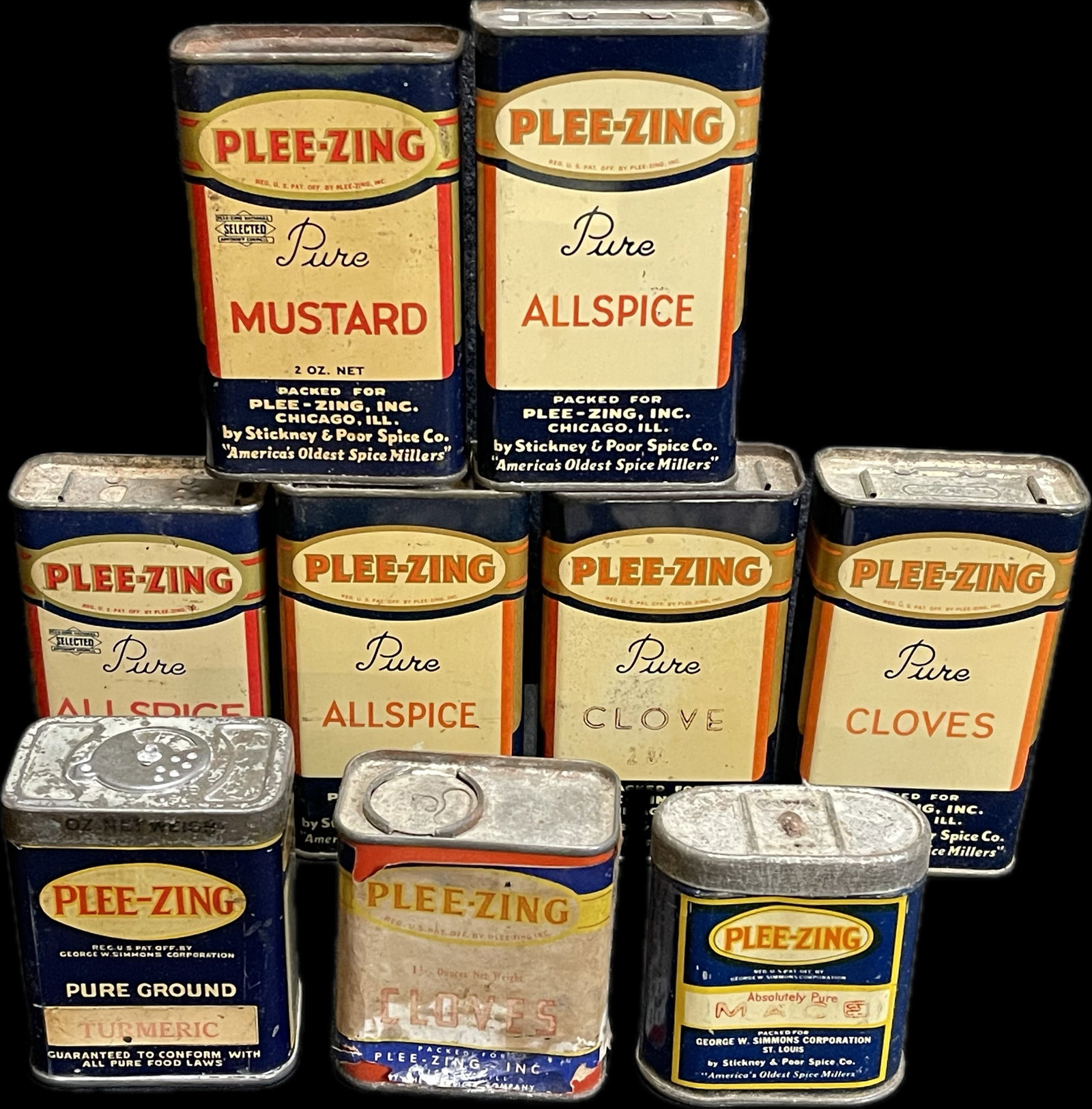 Lot 9 Original Ca. 30s Plee-Zing Spice Tins 8 Tin Litho & 1 Paper Label: Great original lot as shown. Some have product in them.
