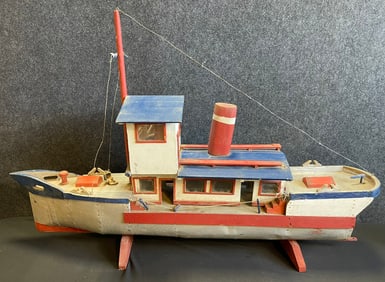 Antique Early Folk Art Handmade Wooden 42" Tug Pond Boat