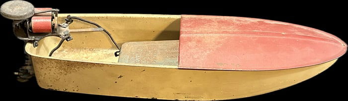 1920s Battery Operated Le Page Detroit Outboard Motor w/ Original Tin 21" Boat