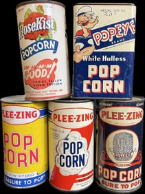 Lot 5 Original 1930s-40s Plee-Zing, RoseKist & Popeye Popcorn Tin Cans