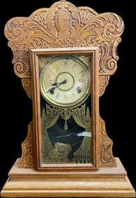 Antique 8 Day Gilbert Gingerbread Mantle Clock Kitchen Shelf Oak Capitol #44