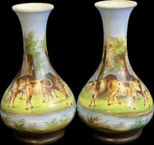 Hand Painted Pair Royal Bayreuth Porcelain Lamp Shades w/ Wonderful Cow Countryside Scene