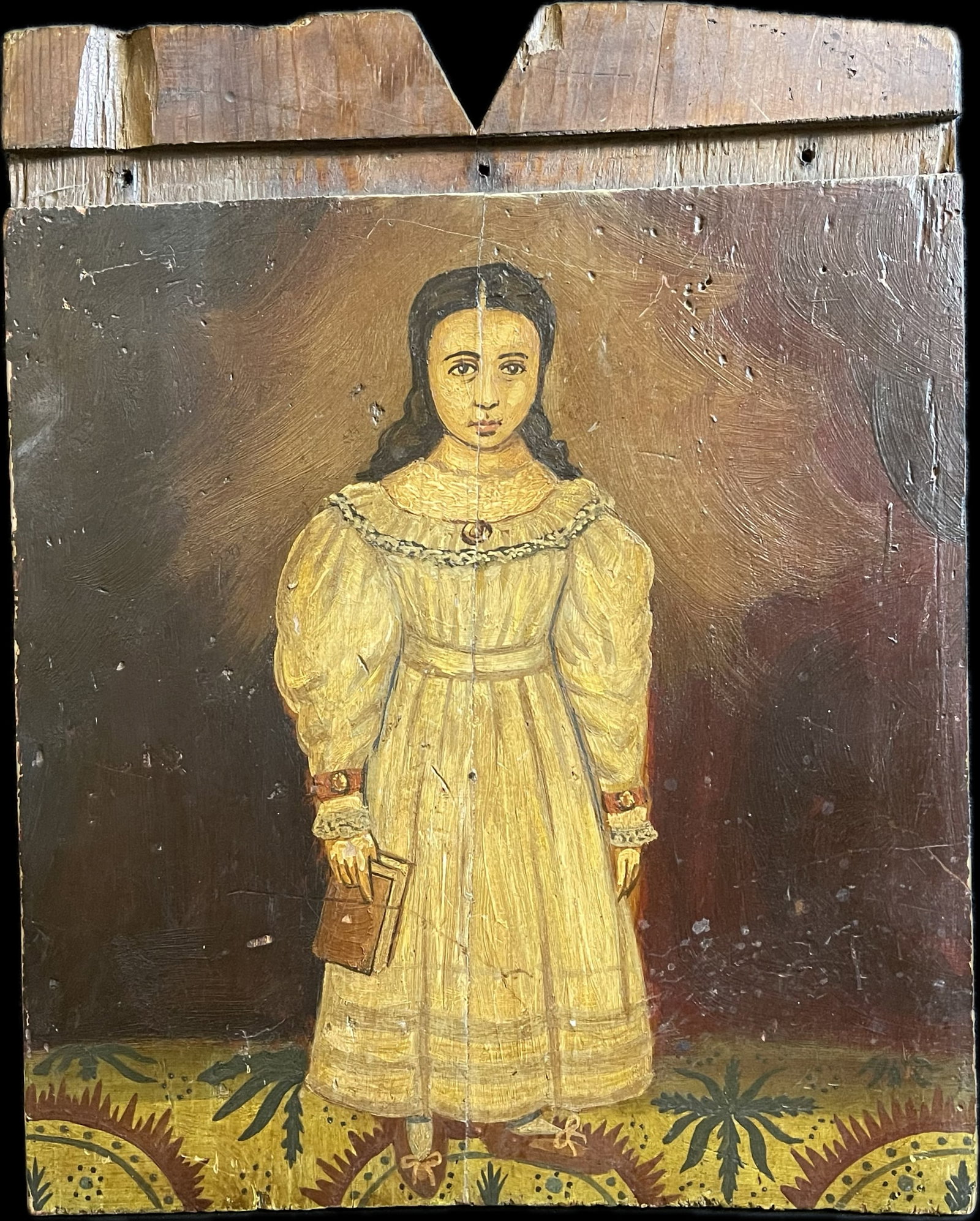 Oil On Board Original Hand Painted Portrait African American Young Lady w/ Book: Great original old growth board w/ young african american lady. Measures 15.5" x 1" x 20" tall