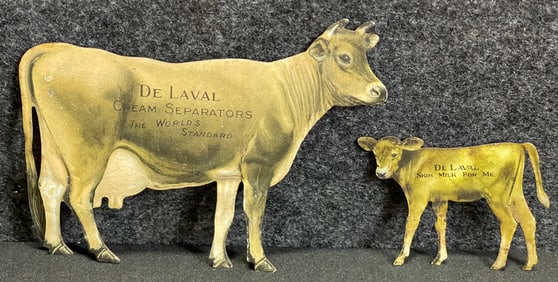 Pair Original Jersey Cow & Calf Tin Litho Delaval Advertising Souvenir Sign