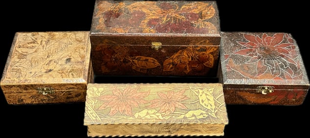 Lot 4 Pyrography Handkerchief & Glove Wooden Boxes by Flemish Art