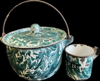 Pair Chrysolite Graniteware Berry Bucket & Railroad Cup C.R.I. & P. RY