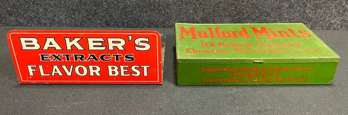 Pair Original Tin Advertising Lot: Baker's Extract Book Holder & Mulford Mint Tin