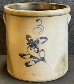 Late 19th Century 3 Gallon Stoneware Crock w/ Ornate Butterfly Detail