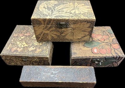 Lot 4 Pyrography Handkerchief, Glove & Pen Wooden Boxes by Flemish Art