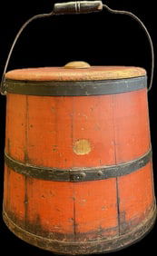 Original Red Milk Painted Staved Wooden Milk Cream Bucket w/ Handle