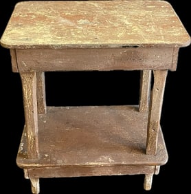 Antique 2 Tiered Folk Art Red Painted Side Table w/ Unique Legs