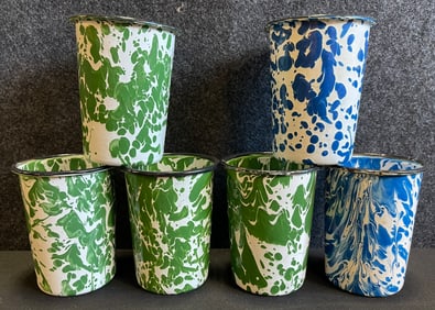 Lot 6 Graniteware Green, Blue & White Drinking Tumblers