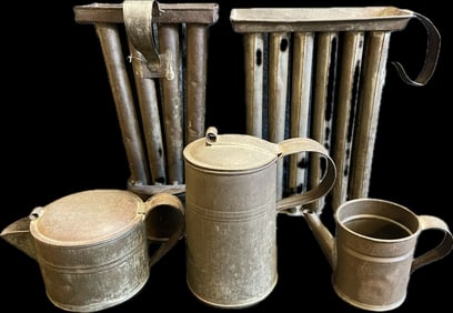 5 Piece Primitive Lot: 8 & 12 Candle Molds, Tankard, Cream & Oil Pitchers
