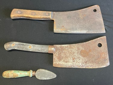 Riddle & Foster Bros Pair Antique Early 1900s Butcher Meat Cleavers & Sharpening Stone