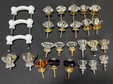 27 Piece Lot Early 1900s Milk Glass, Black & Clear Cut Crystal Doorknobs