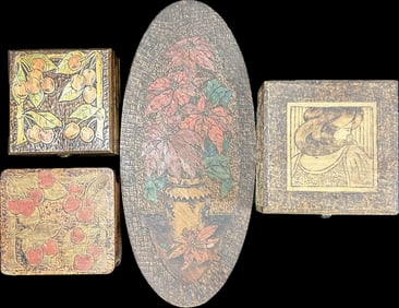 Great Lot 4 Original Early 1900s Pyrography Handkerchief, Glove Boxes & Floral Art
