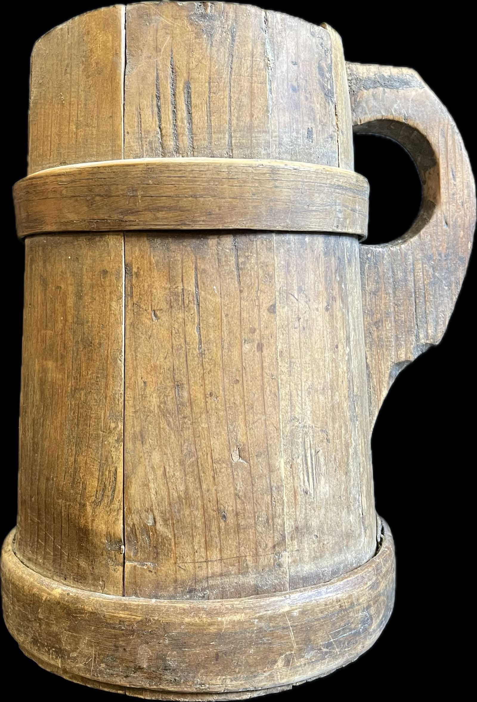 Mid 19th Century 12" Wooden Tankard w/ Staved Sides, Bentwood Bands & Carved Handle (1 of 10)