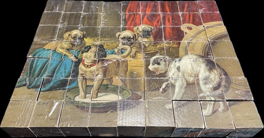 Antique H. Blair Signed 63 Piece Victorian Cube Box Puzzle w/ Cat & Dog Scenes