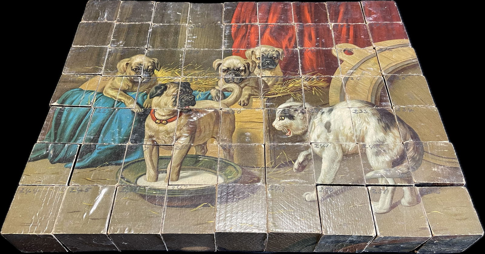 Antique H. Blair Signed 63 Piece Victorian Cube Box Puzzle w/ Cat & Dog Scenes (1 of 14)