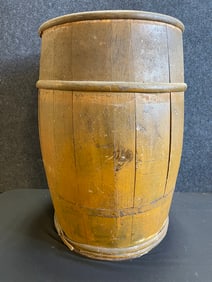 Mustard Painted Large Wooden Staved & Bentwood Wrapped Pickle Barrel