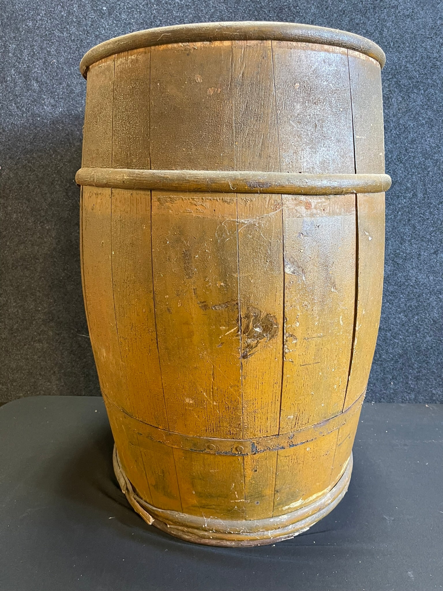 Mustard Painted Large Wooden Staved & Bentwood Wrapped Pickle Barrel (1 of 8)