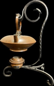 Antique Wrought Iron Tea Kettle Warmer w/ Empress NYS Co Copper Pot