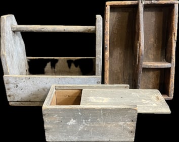 Lot 3 Primitives: 2 Wooden Tote Tool Carriers & 1 Square Nail Candle Box