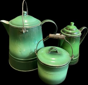 Lot 3 Emerald 2 Tone Green Graniteware: Pair Coffee/Tea Kettles & Berry Bucket