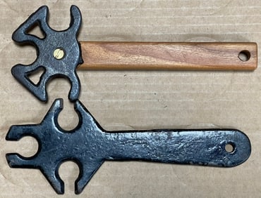 Antique Pair Cast Iron & Wood Handle 3 Rope Handheld Rope Making Tools