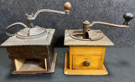 Pair Fancy & Ornate Eastlake Victorian Cast Iron Coffee Grinder
