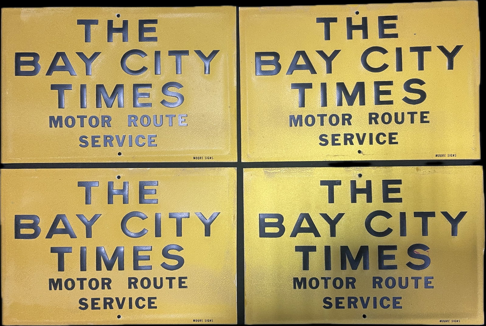 Lot 4 Original 1940s The Bay City Times Newspaper Advertising Signs w/ Reflective Paint: 9" x 6" - marked and made by Moore Sign co.