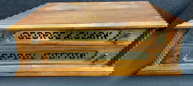 George A Clark ONT 2 Drawer Spool Cabinet w/ Reverse Painted Glass Signs